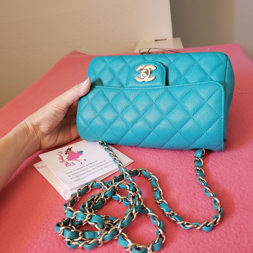 Chanel classic mini turquoise caviar gold hardware bag - Picture 11 of 13